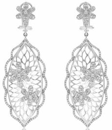 LARGE 1.59CT DIAMOND 14K WHITE GOLD 3D MULTI FLOWER FUN CLIP ON HANGING EARRINGS