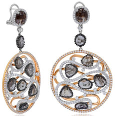 LARGE 12.10CT WHITE ICE & SLICE DIAMOND 18KT WHITE & ROSE GOLD HANGING EARRINGS