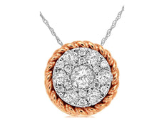 .30CT DIAMOND 14KT WHITE & ROSE GOLD SOLITAIRE CLUSTER FLORAL FLOATING PENDANT