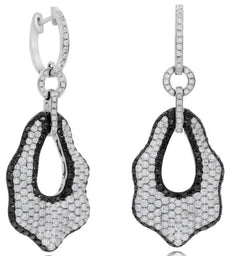 5.18CT WHITE & BLACK DIAMOND 18K WHITE GOLD 3D TEAR DROP HUGGIE HANGING EARRINGS