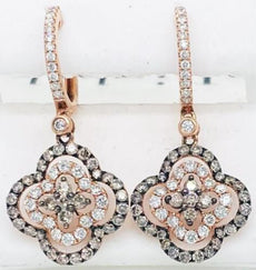 1.81CT WHITE & CHOCOLATE FANCY DIAMOND 14KT ROSE GOLD 3D FLOWER HANGING EARRINGS