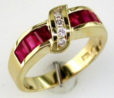 .94CT DIAMOND & AAA RUBY 14K YELLOW GOLD BAGUETTE & ROUND LEAF DIAGONAL FUN RING