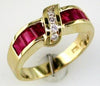.94CT DIAMOND & AAA RUBY 14K YELLOW GOLD BAGUETTE & ROUND LEAF DIAGONAL FUN RING