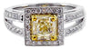 1.54CT WHITE & FANCY YELLOW DIAMOND 18K 2 TONE GOLD CUSHION HALO ENGAGEMENT RING
