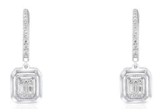 .31CT DIAMOND 14KT WHITE GOLD ROUND & BAGUETTE CLUSTER OCTAGON HANGING EARRINGS
