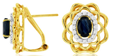 1.52CT DIAMOND & AAA SAPPHIRE 14K 2 TONE GOLD OVAL ROUND FLOWER CLIP ON EARRINGS