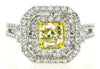 LARGE 2CT WHITE & FANCY YELLOW DIAMOND 18KT 2 TONE GOLD CUSHION ENGAGEMENT RING