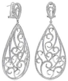 2.43CT DIAMOND 14KT WHITE GOLD 3D OPEN FILIGREE TEAR DROP FUN HANGING EARRINGS