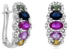 1.91CT DIAMOND & AAA MULTI COLOR SAPPHIRE 14KT WHITE GOLD OVAL & ROUND EARRINGS