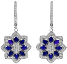 3.89CT DIAMOND & AAA SAPPHIRE 14K WHITE GOLD 3D PEAR SHAPE & ROUND STAR EARRINGS