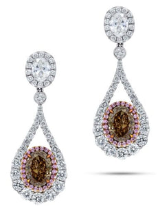 LARGE 4.02CT WIHTE MOCHA & PINK DIAMOND PLATINUM OVAL & ROUND TEAR DROP EARRINGS