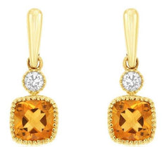 .31CT DIAMOND & AAA CITRINE 14KT YELLOW GOLD 3D CUSHION & ROUND HANGING EARRINGS