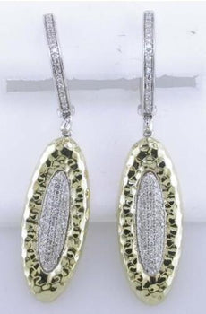 .41CT DIAMOND 14KT TWO TONE GOLD OVAL HAMMERED LOOK DESIGN FUN HANGING EARRINGS