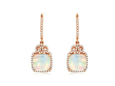 3.22CT DIAMOND & AAA OPAL 14KT ROSE GOLD CUSHION & ROUND CROWN HANGING EARRINGS