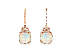 3.22CT DIAMOND & AAA OPAL 14KT ROSE GOLD CUSHION & ROUND CROWN HANGING EARRINGS