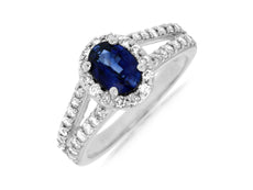 1.65CT DIAMOND & AAA SAPPHIRE 14KT WHITE GOLD OVAL & ROUND HALO ENGAGEMENT RING