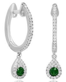 .31CT DIAMOND & AAA EMERALD 14KT WHITE GOLD 3D TEAR DROP HUGGIE HANGING EARRINGS
