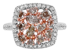 WIDE 1.66CT MULTI COLOR DIAMOND 18KT WHITE & ROSE GOLD CLUSTER SQUARE FUN RING