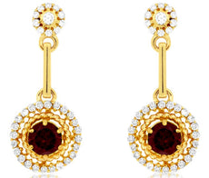 1.0CT DIAMOND & AAA RHODOLITE 14KT YELLOW GOLD ROUND FLOWER FUN HANGING EARRINGS