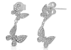 ESTATE .34CT DIAMOND 14KT WHITE GOLD DOUBLE BUTTERFLY LOVE FUN HANGING EARRINGS