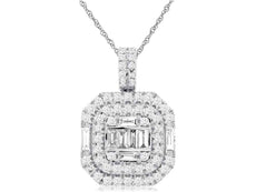 .75CT DIAMOND 14KT WHTE GOLD 3D ROUND & BAGUETTE OCTAGON FUN FLOATING PENDANT