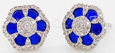 ESTATE .39CT DIAMOND & BLUE NAMEL 14KT WHITE GOLD 3D FLOWER STUD EARRINGS