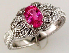 1.09CT DIAMOND & AAA PINK SAPPHIRE 14KT WHITE GOLD OVAL & ROUND FLOWER LOVE RING