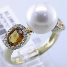1.07CT DIAMOND & AAA CITRINE & SOUTH SEA PEARL 14K YELLOW GOLD OVAL & ROUND RING