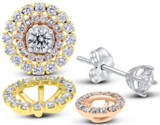 LARGE 1.81CT DIAMOND 14K TRI COLOR GOLD 3D SOLITAIRE DOUBLE HALO FLOWER EARRINGS