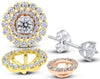 LARGE 1.81CT DIAMOND 14K TRI COLOR GOLD 3D SOLITAIRE DOUBLE HALO FLOWER EARRINGS