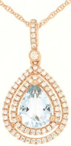 1.70CT DIAMOND & AAA AQUAMARINE 14KT ROSE GOLD PEAR SHAPE HALO FLOATING PENDANT