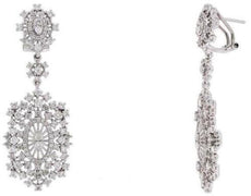 ESTATE 3.20CT DIAMOND 18KT WHITE GOLD 3D OVAL FLOWER CLIP ON HANGING EARRINGS