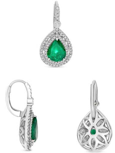 3.22CT DIAMOND & AAA EMERALD 18KT WHITE GOLD 3D PEAR SHAPE & ROUND HALO EARRINGS