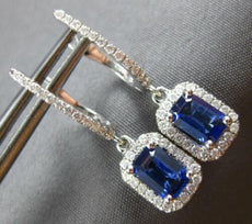 1.32CT DIAMOND & AAA SAPPHIRE 14KT WHITE GOLD EMERALD CUT HALO HANGING EARRINGS