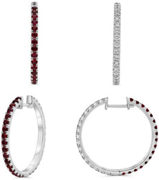 2.0CT DIAMOND & AAA RUBY 14K WHITE GOLD 3D DOUBLE SIDED HOOP HANGING EARRINGS
