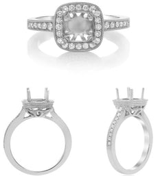 .34CT DIAMOND 14KT WHITE GOLD CUSHION & ROUND 4 PRONG SEMI MOUNT ENGAGEMENT RING