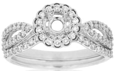 .60CT DIAMOND 14K WHITE GOLD ROUND FLOWER SEMI MOUNT ENGAGEMENT WEDDING RING SET