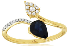 1CT DIAMOND & AAA SAPPHIRE 14KT YELLOW GOLD PEAR SHAPE & ROUND DOUBLE LEAF RING