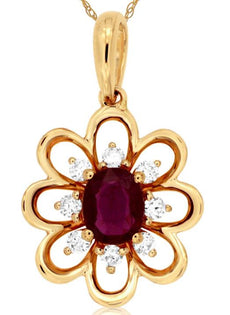 .57CT DIAMOND & AAA RUBY 14KT YELLOW GOLD OVAL & ROUND FLOWER FLOATING PENDANT