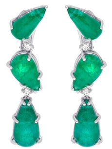 30.38CT DIAMOND & AAA EMERALD 18K WHITE GOLD ROUND & PEAR SHAPE CLIP ON EARRINGS