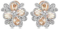LARGE .95CT DIAMOND 14KT WHITE & ROSE GOLD FLOWER FUN CLIP ON HANGING EARRINGS