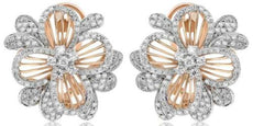 LARGE .95CT DIAMOND 14KT WHITE & ROSE GOLD FLOWER FUN CLIP ON HANGING EARRINGS