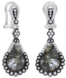 LARGE 5.48CT WHITE & SLICE DIAMOND 18KT WHITE GOLD 3D TEAR DROP HANGING EARRINGS