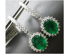 ESTATE LARGE 7.07CT DIAMOND & AAA EMERALD 18KT WHITE GOLD OVAL & ROUND HANGING EARRINGS