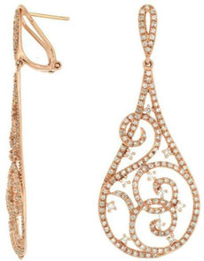 1.15CT DIAMOND 14K ROSE GOLD 3D OPEN FILIGREE TEAR DROP CLIP ON HANGING EARRINGS