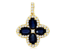 2.90CT DIAMOND & AAA SAPPHIRE 14K YELLOW GOLD OVAL & ROUND 4 LEAF CLOVER PENDANT