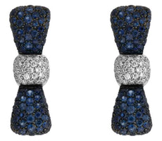 ESTATE 2.19CT DIAMOND & AAA SAPPHIRE 18KT WHITE GOLD 3D ROUND BOW STUD EARRINGS