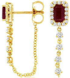 1.1CT DIAMOND & AAA RUBY 14KT YELLOW GOLD 3D SQUARE BY THE YARD HANGING EARRINGS