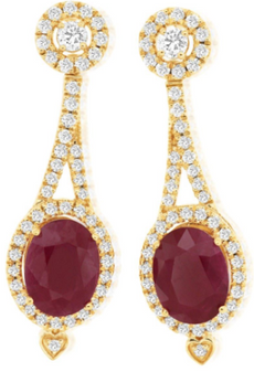 LARGE 3.03CT DIAMOND & AAA RUBY 14KT YELLOW GOLD 3D OVAL HALO HANGING EARRINGS