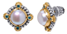 AAA BLUE SPINEL & AAA PEARL 18K YELLOW GOLD & 925 SILVER FILIGREE STUD EARRINGS